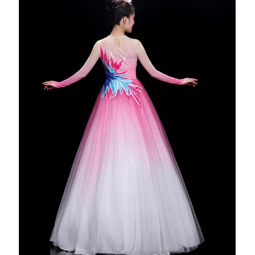 Women chinese folk dance dresses pink green gradient colored Opening dance Dresses fairy stage performance dresses female stage modern dance solo performance dresses